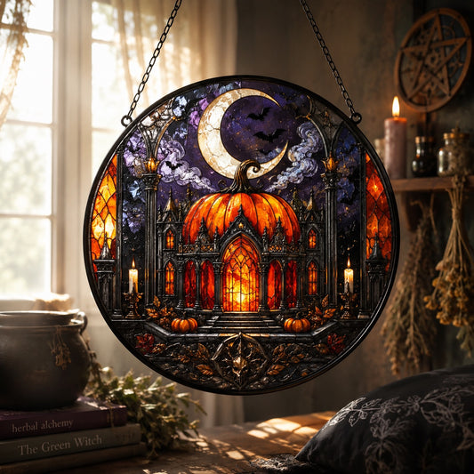 Gothic Pumpkin Temple Glass Suncatcher - window display
