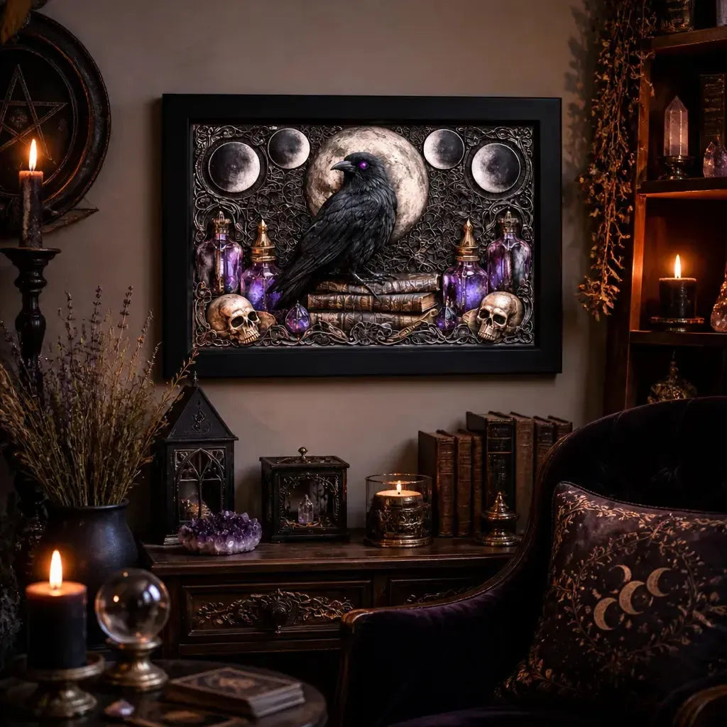 Gothic Raven Canvas Print with Moon Phase - Black Framed Wall Art for Witchy Halloween & Gothic Decor_mockup_1.webp