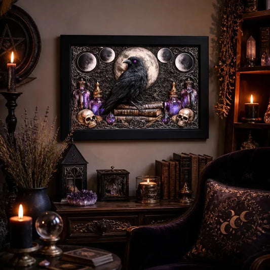 Gothic Raven Canvas Print with Moon Phase - Black Framed Wall Art for Witchy Halloween & Gothic Decor_mockup_1.webp