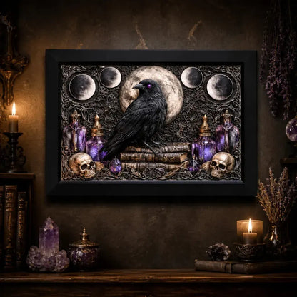 Gothic Raven Canvas Print with Moon Phase - Black Framed Wall Art for Witchy Halloween & Gothic Decor_mockup_2.webp