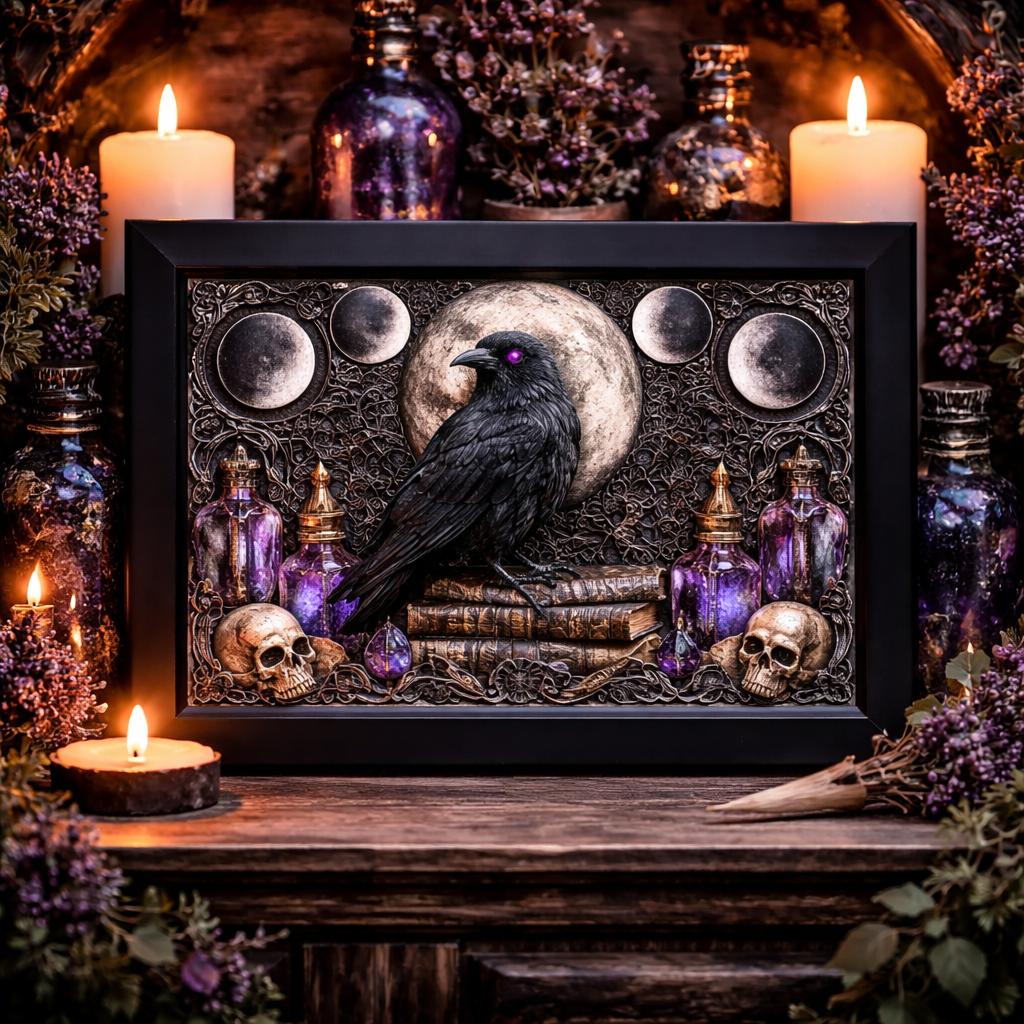 Gothic Raven Canvas Print with Moon Phase - Black Framed Wall Art for Witchy Halloween & Gothic Decor-MoonChildWorld