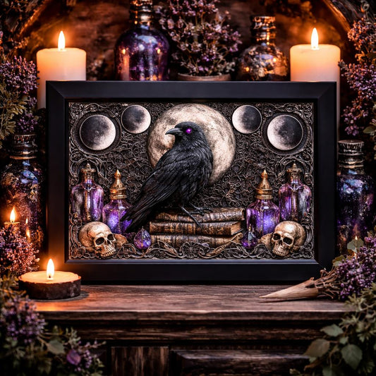 Gothic Raven Canvas Print with Moon Phase - Black Framed Wall Art for Witchy Halloween & Gothic Decor-MoonChildWorld