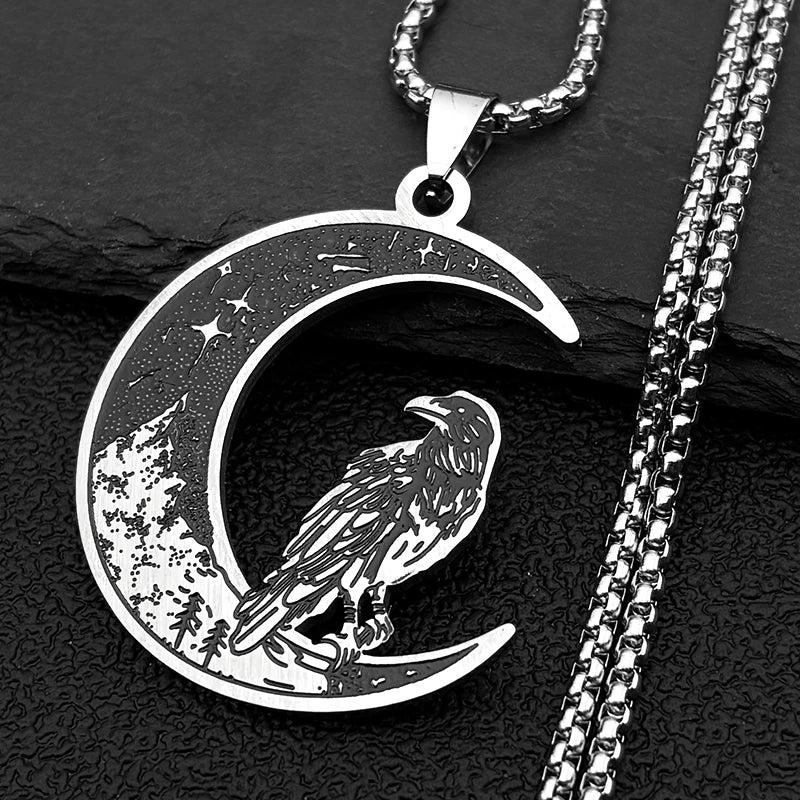 Gothic Raven Crescent Moon Necklace Dark Crow Witch Jewelry-MoonChildWorld