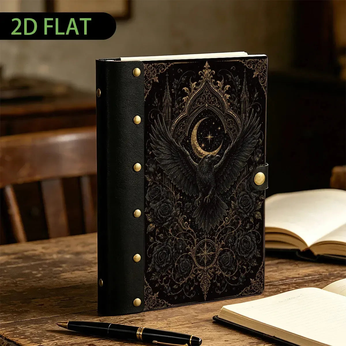 Gothic Raven Crescent Moon Rose Journal - refillable grimoire - MoonChildWorld