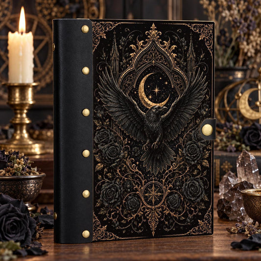 Gothic Raven Crescent Moon Rose Journal - Refillable Grimoire on a candlelit pagan ritual altar