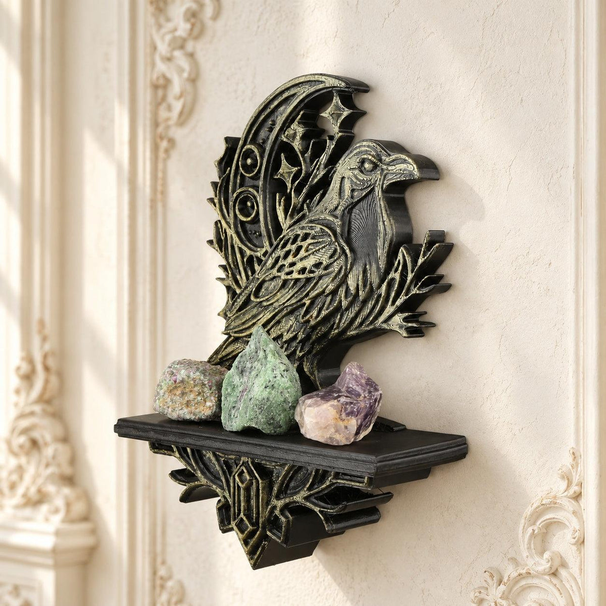 Gothic Raven & Crescent Moon Wall Shelf for Crystals — original view 2 in a bright gothic vintage setting