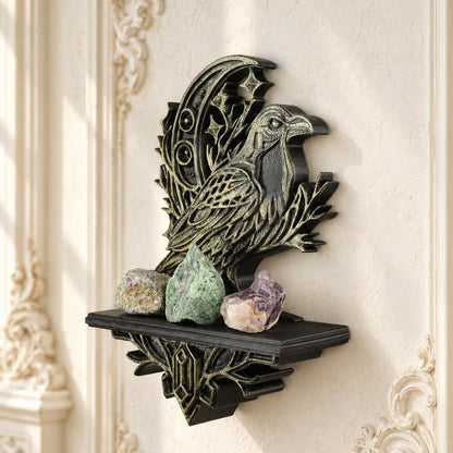 Gothic Raven & Crescent Moon Wall Shelf for Crystals — original view 2 in a bright gothic vintage setting