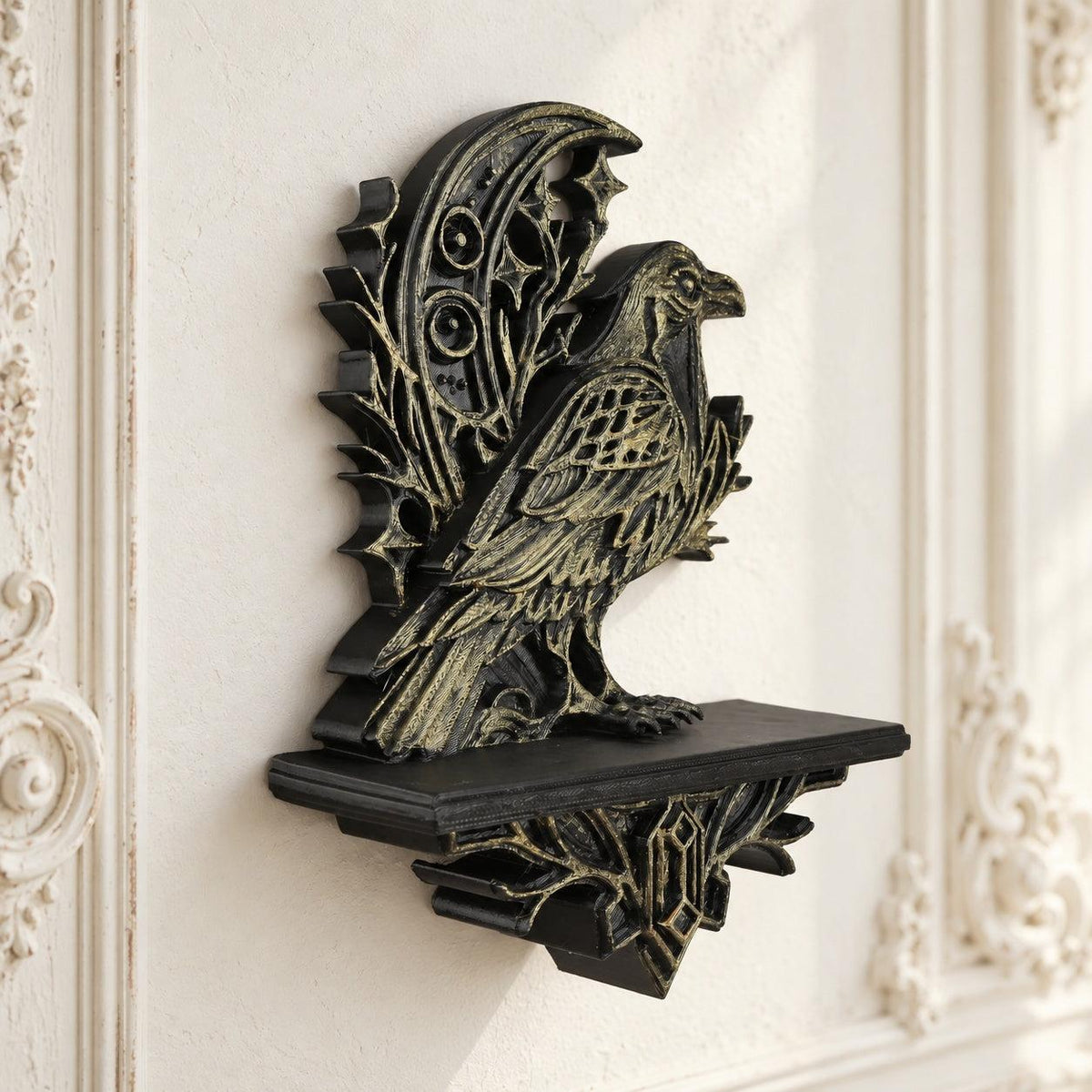 Gothic Raven & Crescent Moon Wall Shelf for Crystals — view 3 showing carved details in a bright gothic vintage setting