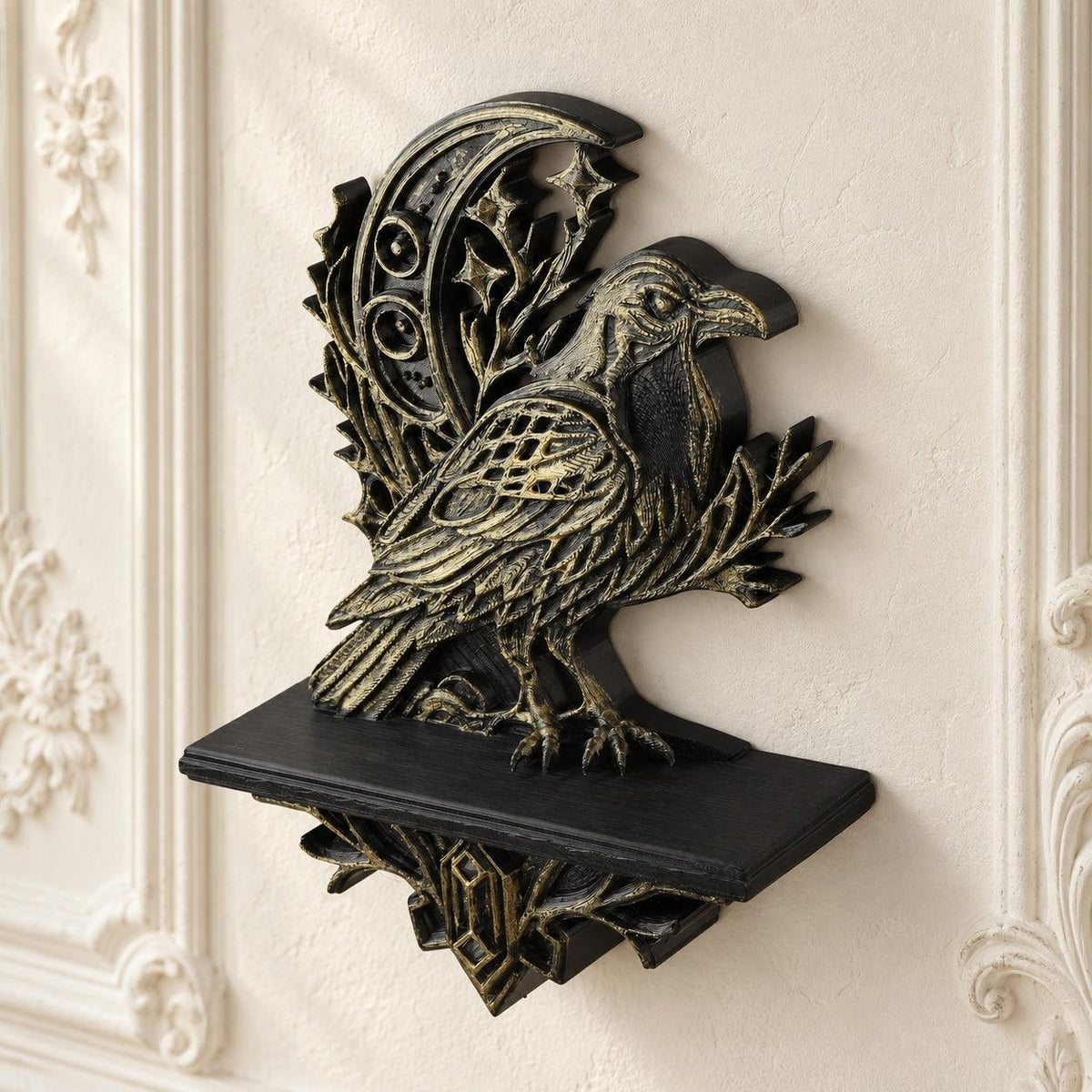 Gothic Raven & Crescent Moon Wall Shelf for Crystals — view 4 showing carved details in a bright gothic vintage setting