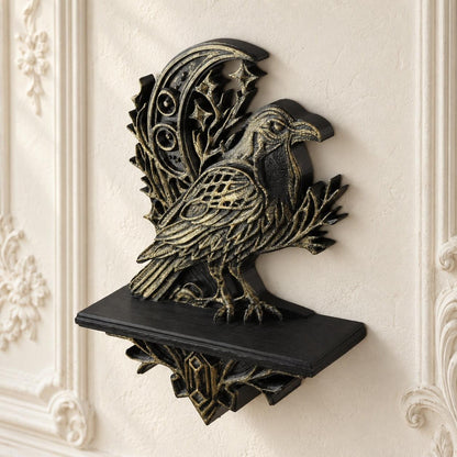Gothic Raven & Crescent Moon Wall Shelf for Crystals — view 4 showing carved details in a bright gothic vintage setting