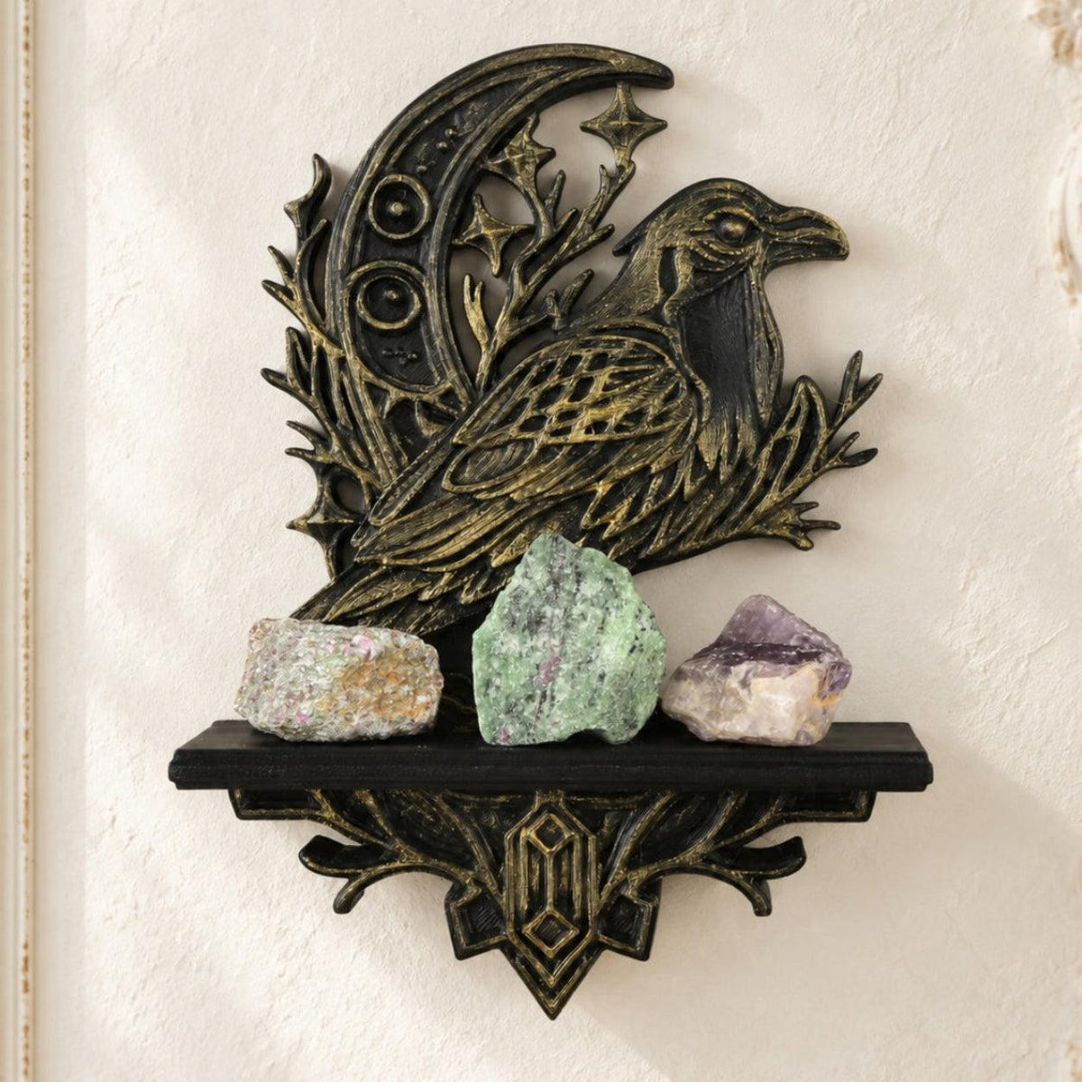 Gothic Raven & Crescent Moon Wall Shelf for Crystals — original view 1 in a bright gothic vintage setting