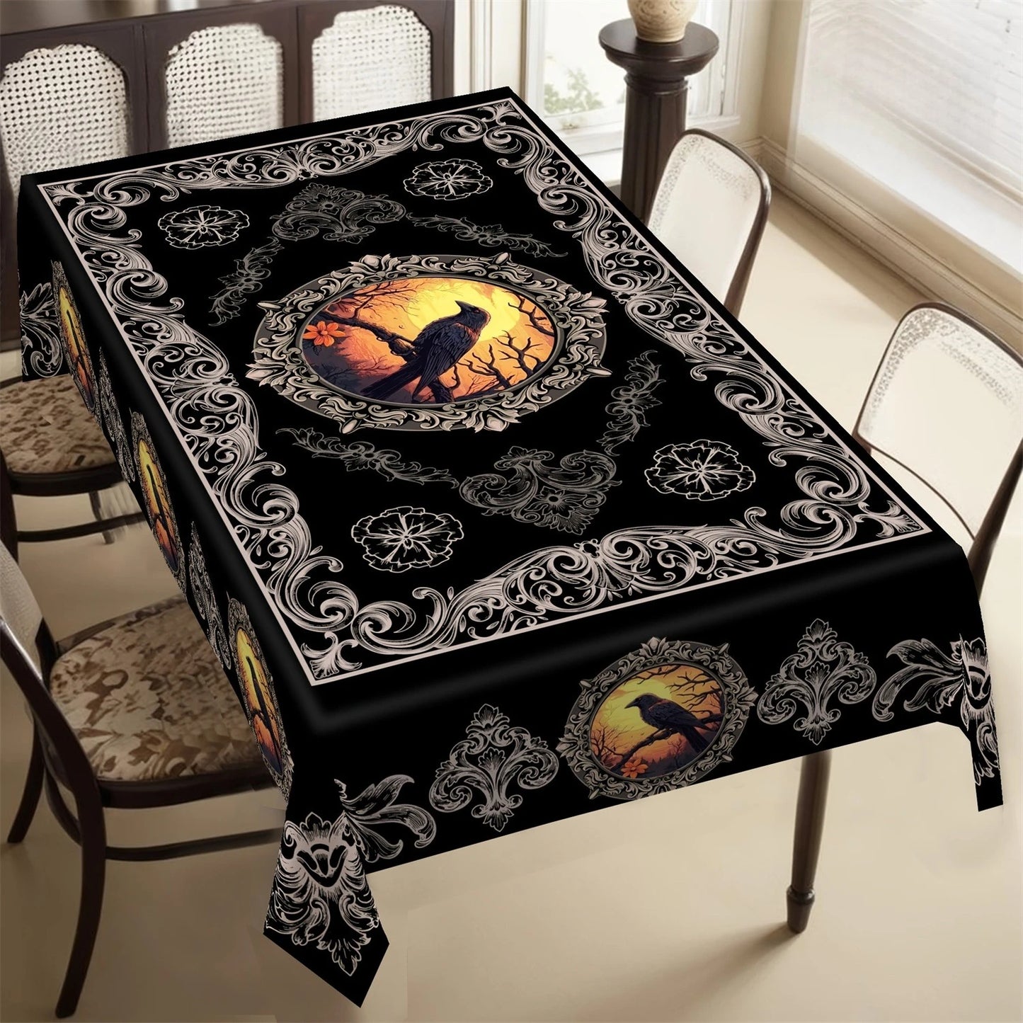 Gothic Raven Crow Halloween Tablecloth Witchy Table Decor-MoonChildWorld