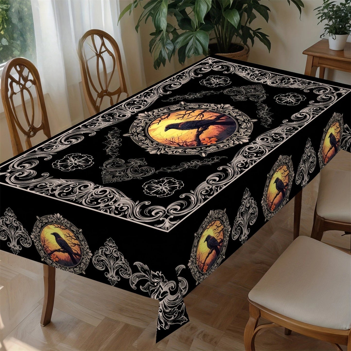 Gothic Raven Crow Halloween Tablecloth Witchy Table Decor-MoonChildWorld