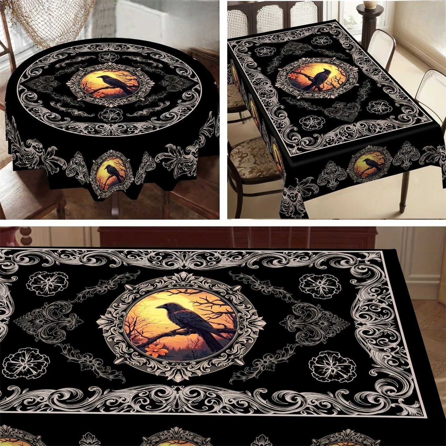 Gothic Raven Crow Halloween Tablecloth Witchy Table Decor-MoonChildWorld