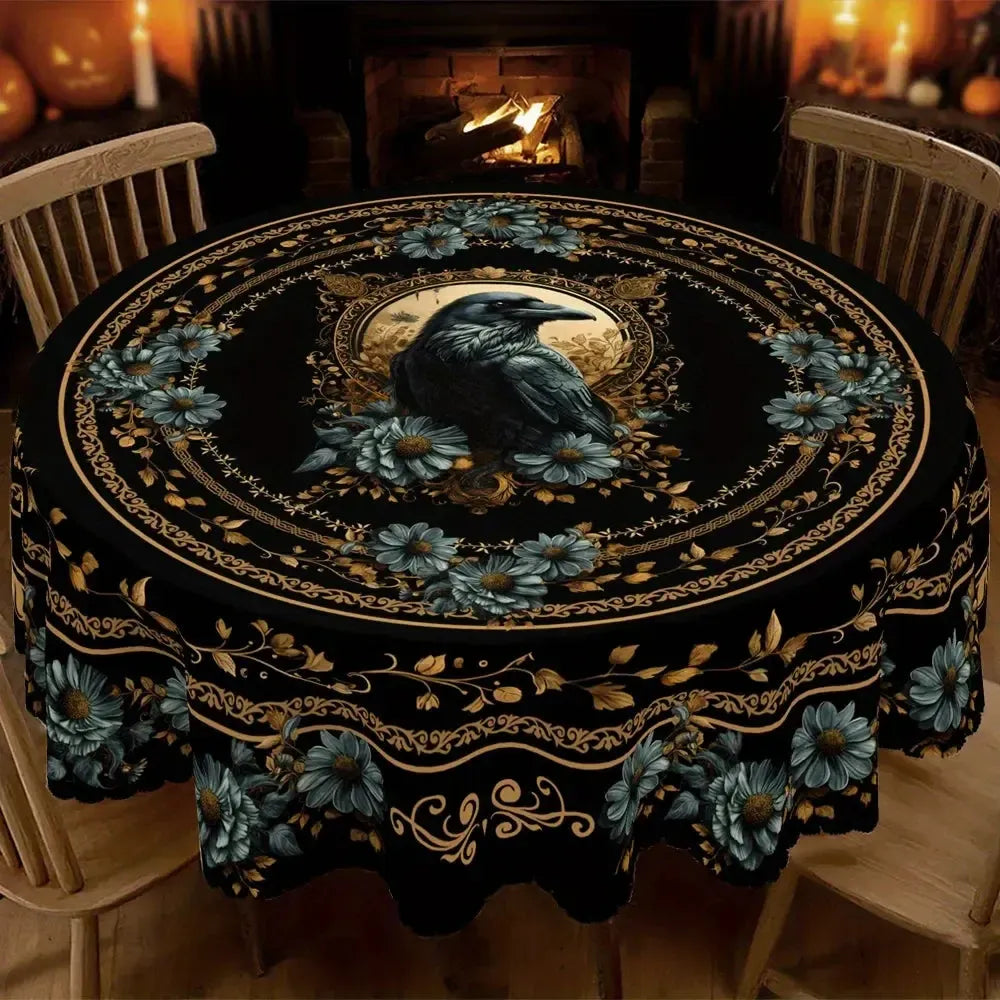 Gothic Raven Halloween Tablecloth – Floral Crow Dark Decor