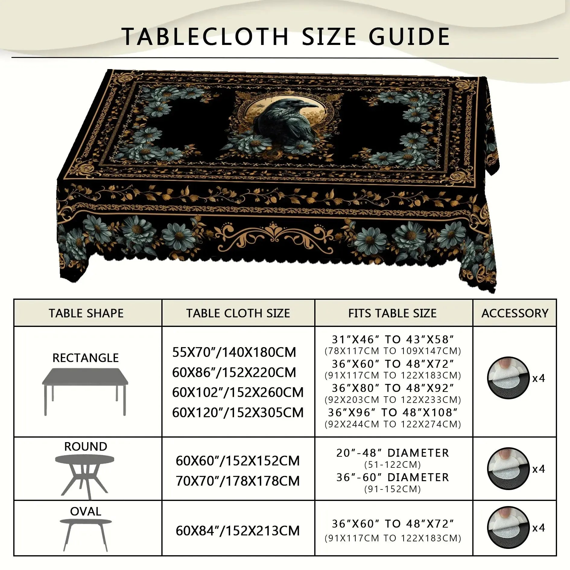 Gothic Raven Halloween Tablecloth – Floral Crow Dark Decor