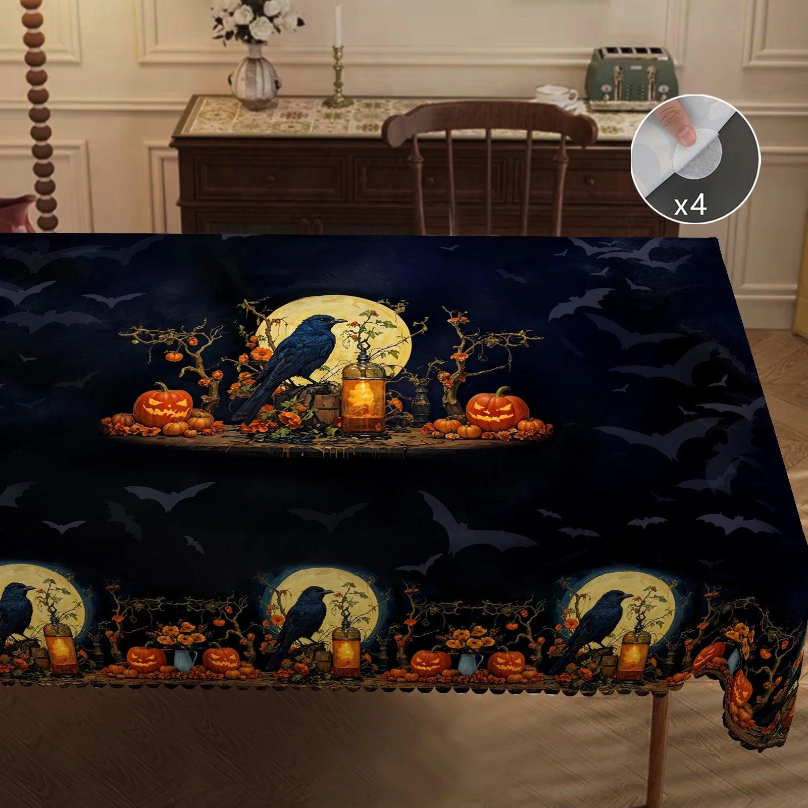 Gothic Raven Halloween Tablecloth - Witchy Crow Moon Pumpkin Table Decoration Tablecloth-MoonChildWorld