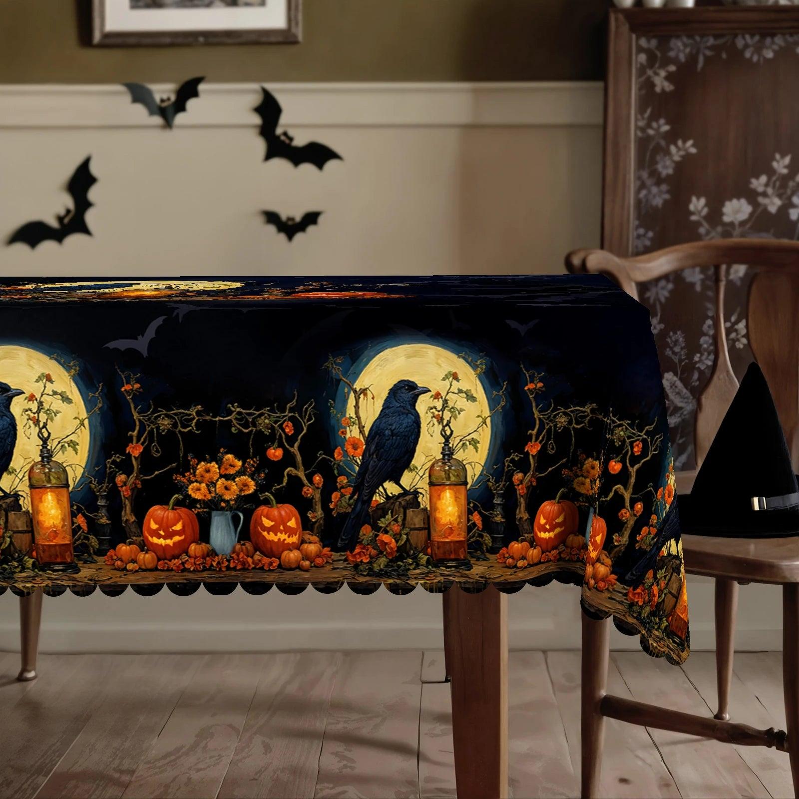Gothic Raven Halloween Tablecloth - Witchy Crow Moon Pumpkin Table Decoration Tablecloth-MoonChildWorld