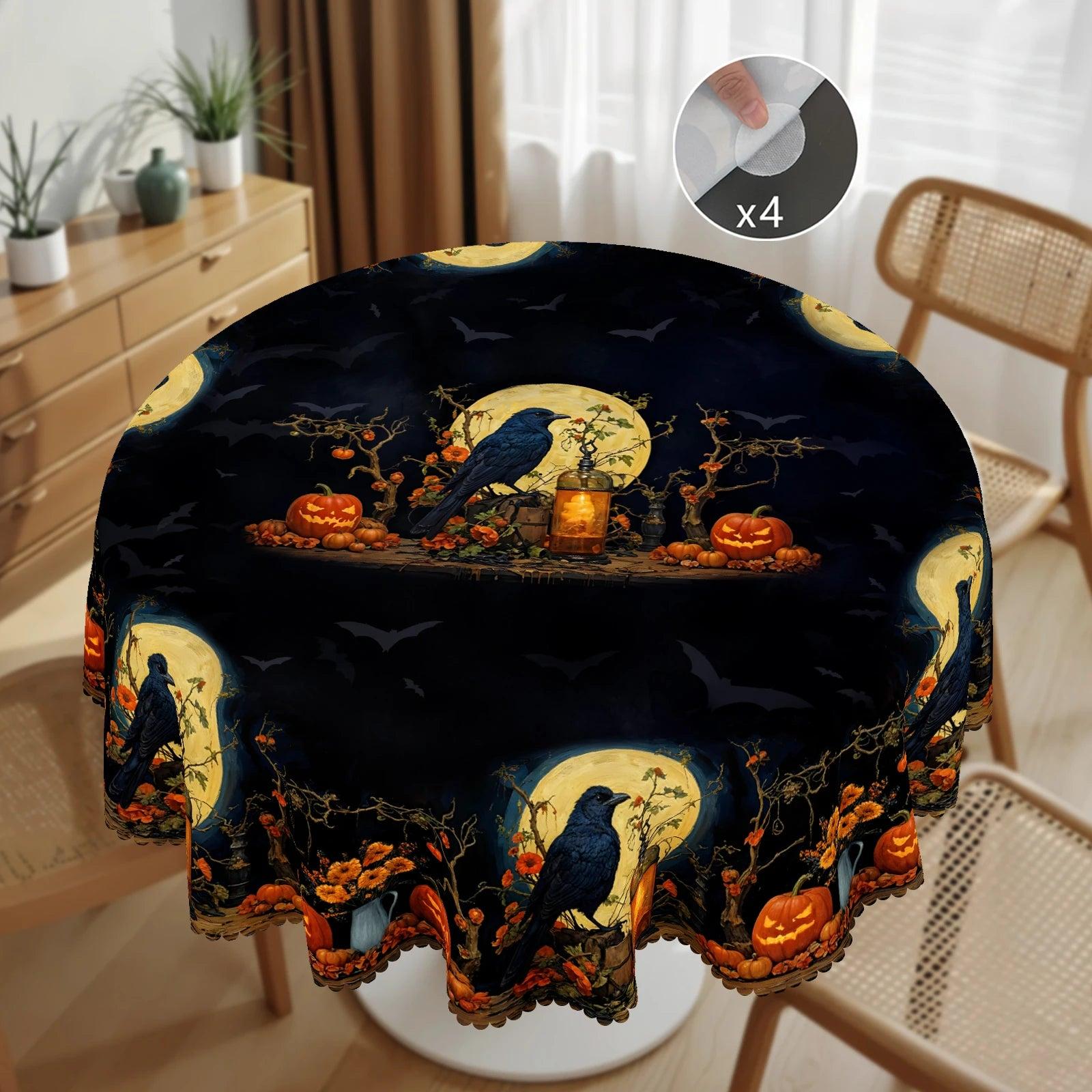 Gothic Raven Halloween Tablecloth - Witchy Crow Moon Pumpkin Table Decoration Tablecloth-MoonChildWorld