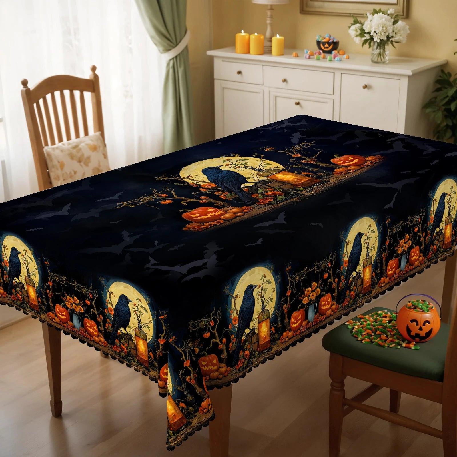 Gothic Raven Halloween Tablecloth - Witchy Crow Moon Pumpkin Table Decoration Tablecloth-MoonChildWorld