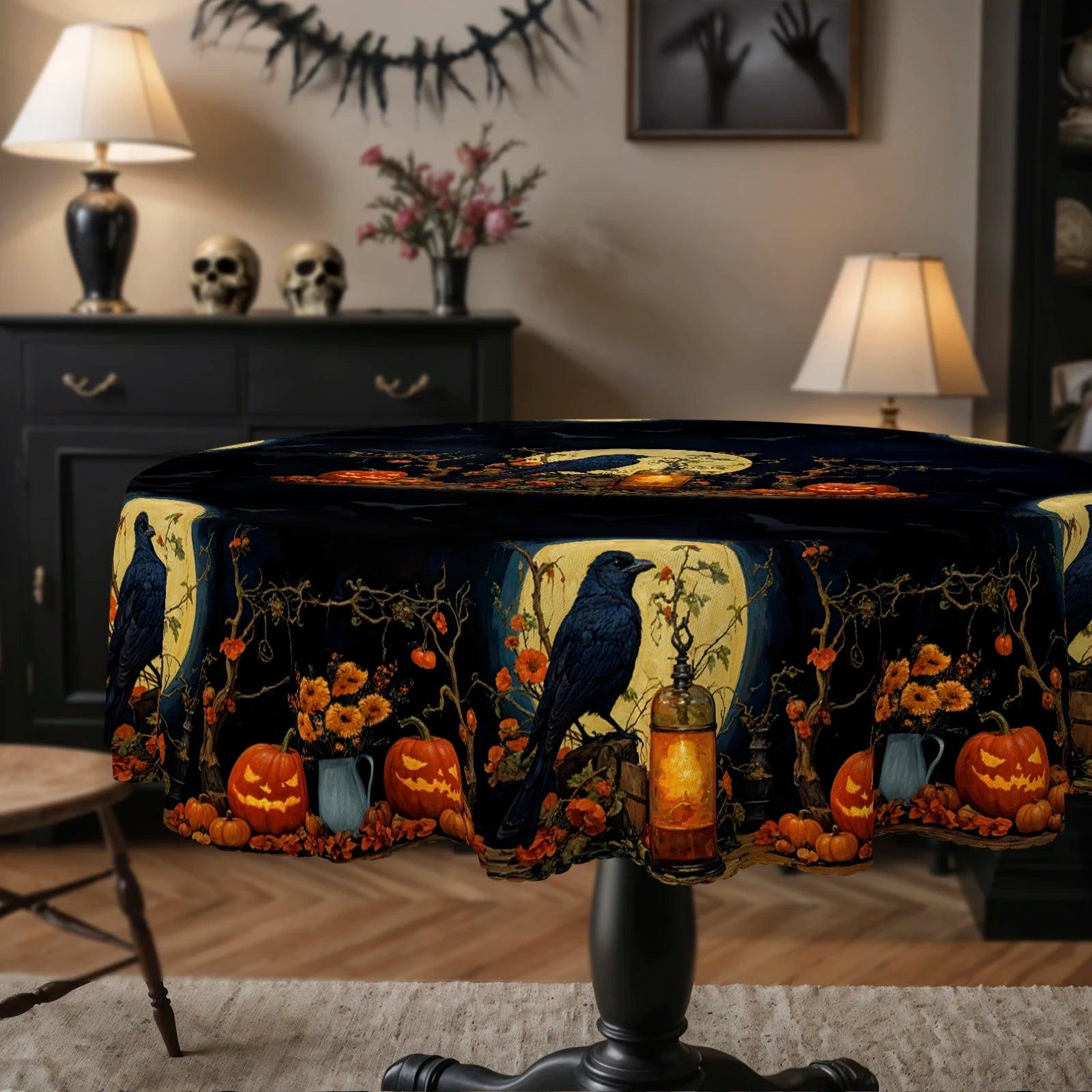 Gothic Raven Halloween Tablecloth - Witchy Crow Moon Pumpkin Table Decoration Tablecloth-MoonChildWorld