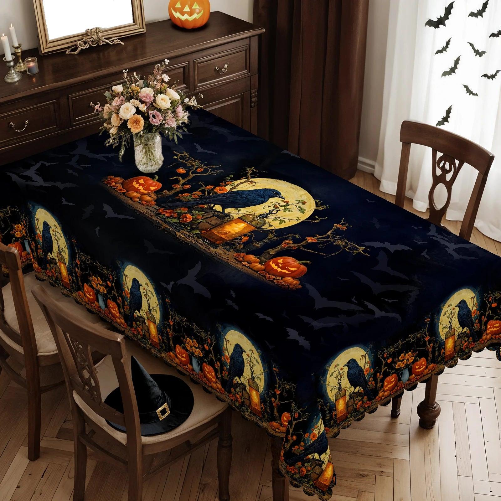 Gothic Raven Halloween Tablecloth - Witchy Crow Moon Pumpkin Table Decoration Tablecloth-MoonChildWorld
