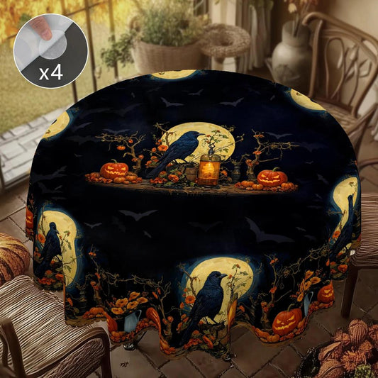 Gothic Raven Halloween Tablecloth - Witchy Crow Moon Pumpkin Table Decoration Tablecloth-MoonChildWorld