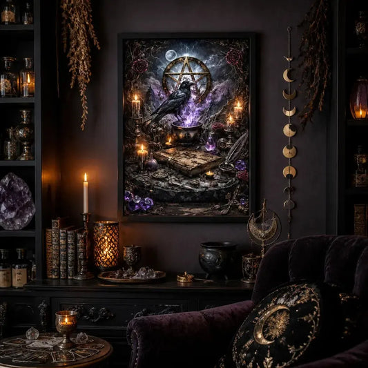Gothic Raven & Pentacle Witchy Halloween Wall Art - Dark Crow Black Framed Canvas Print for Witch Home Decor_mockup_1.webp