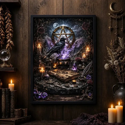 Gothic Raven & Pentacle Witchy Halloween Wall Art - Dark Crow Black Framed Canvas Print for Witch Home Decor_mockup_2.webp