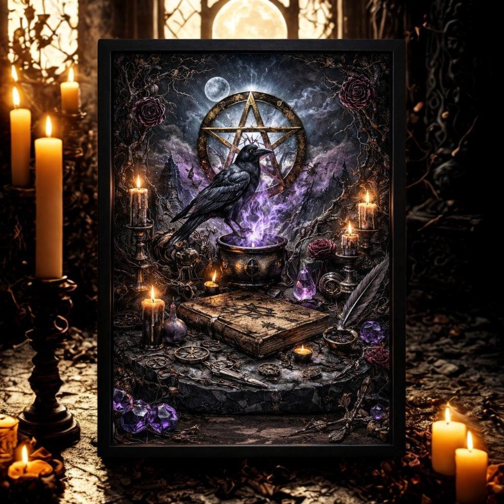 Gothic Raven & Pentacle Witchy Halloween Wall Art - Dark Crow Black Framed Canvas Print for Witch Home Decor-MoonChildWorld