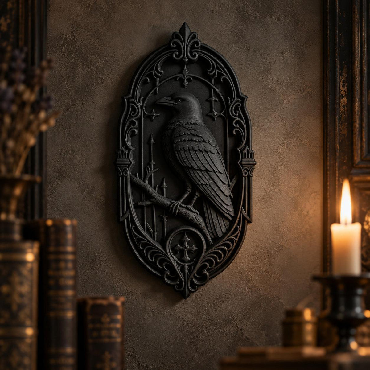 Black raven wall plaque displayed in a candlelit gothic study