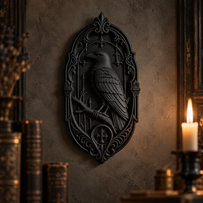 Black raven wall plaque displayed in a candlelit gothic study