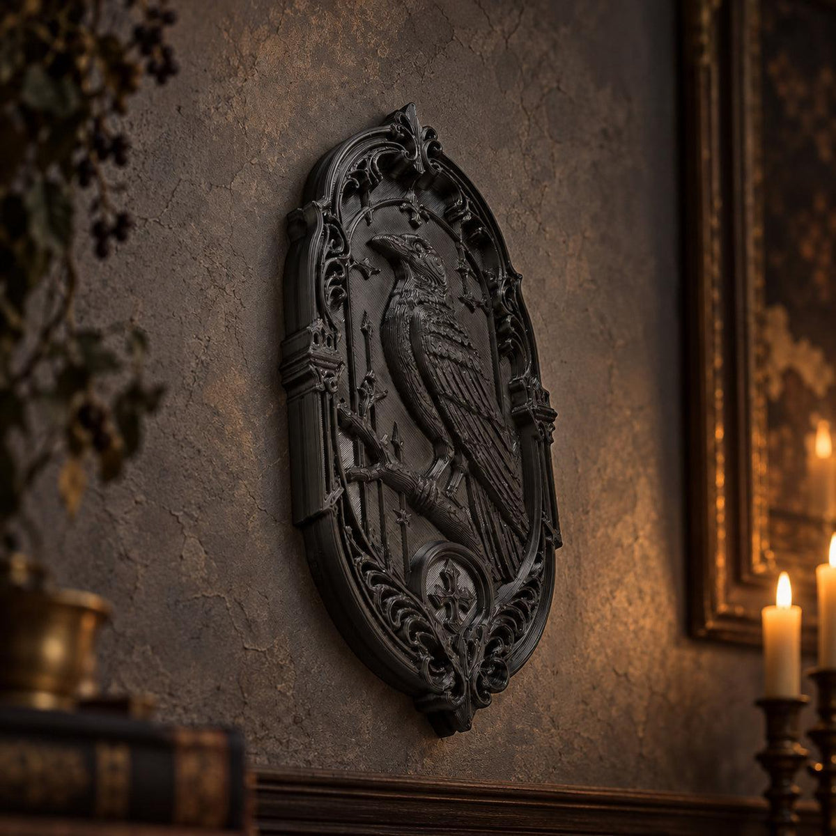 Side view of black raven plaque showing sculpted feathers and ornate border