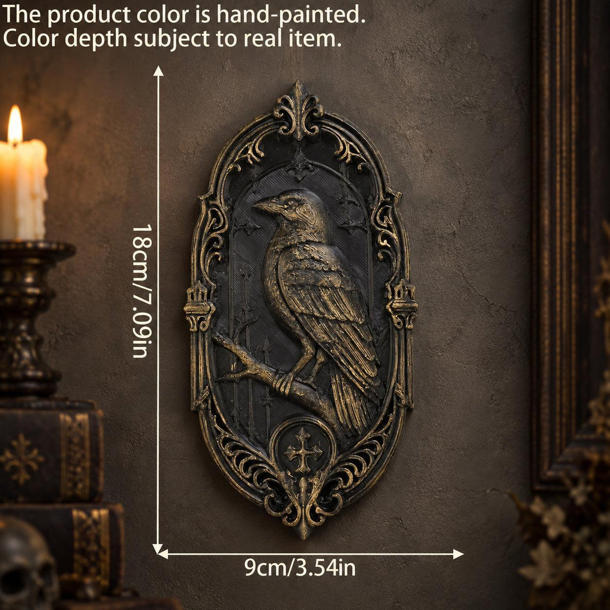 Black and gold raven plaque size guide showing 18 cm height and 9 cm width