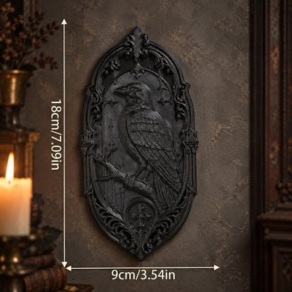 Black raven relief plaque size guide showing 18 cm height and 9 cm width