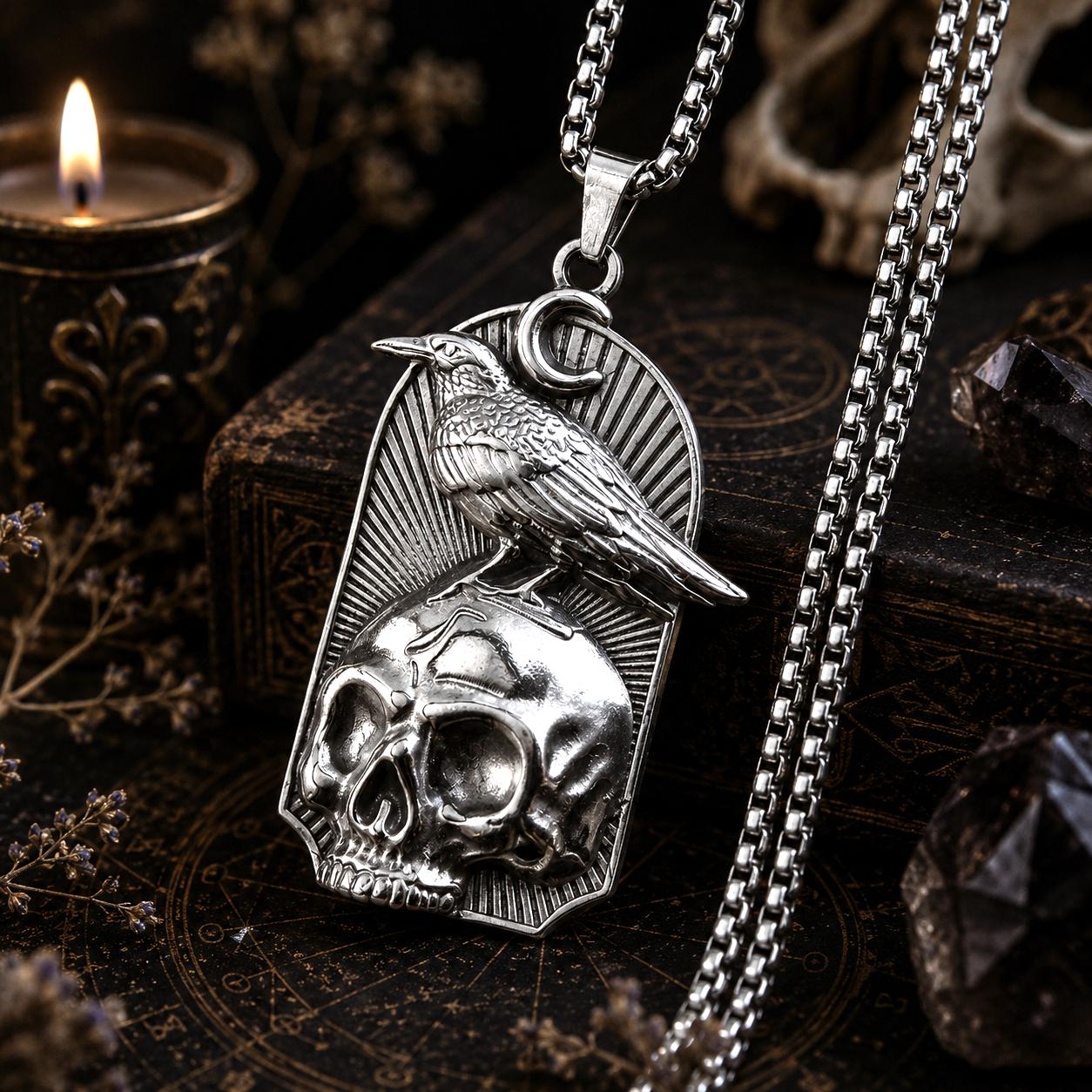 Black raven skull crescent moon necklace close-up – Wiccan Halloween gothic jewelry