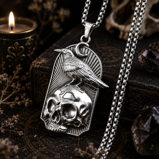 Gothic Raven Skull Crescent Moon Pendant Necklace Witchy Jewelry-MoonChildWorld