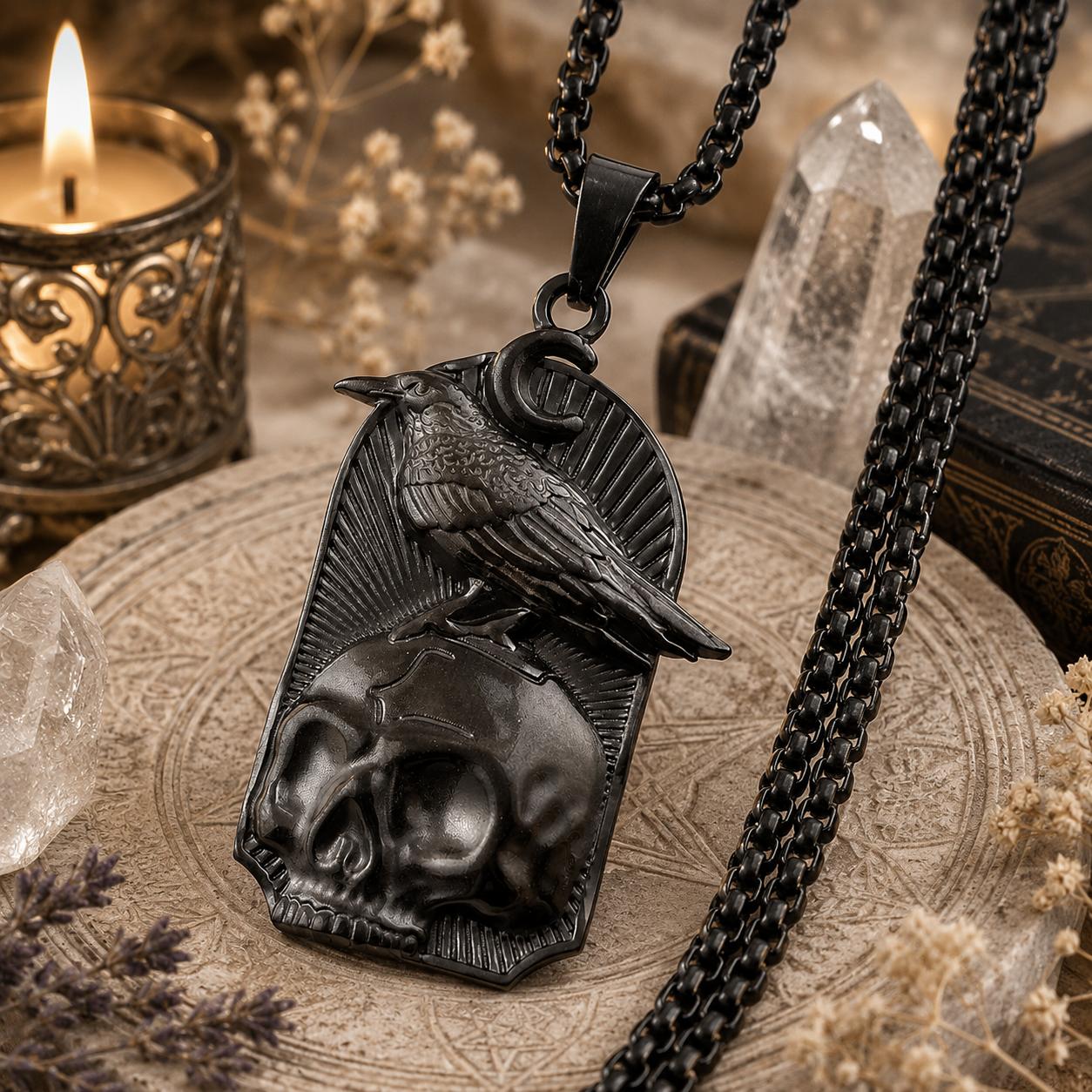 Gothic Raven Skull Crescent Moon Pendant Necklace Witchy Jewelry-MoonChildWorld