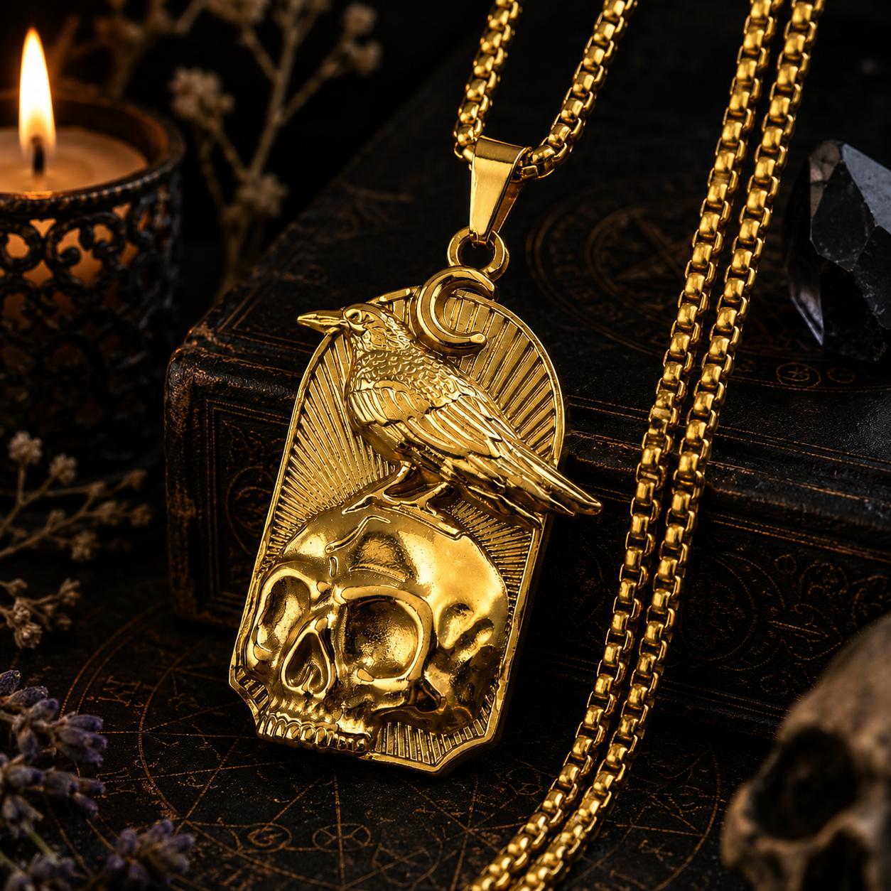 Gothic Raven Skull Crescent Moon Pendant Necklace Witchy Jewelry-MoonChildWorld