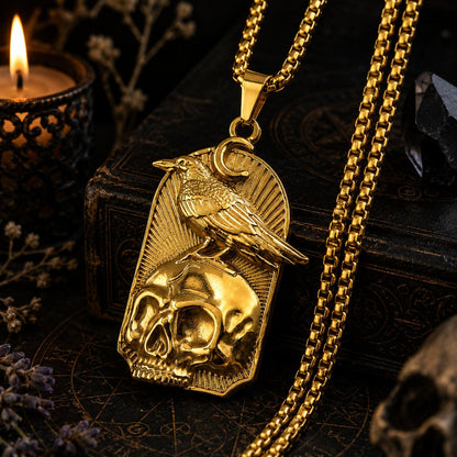 Gothic Raven Skull Crescent Moon Pendant Necklace Witchy Jewelry-MoonChildWorld