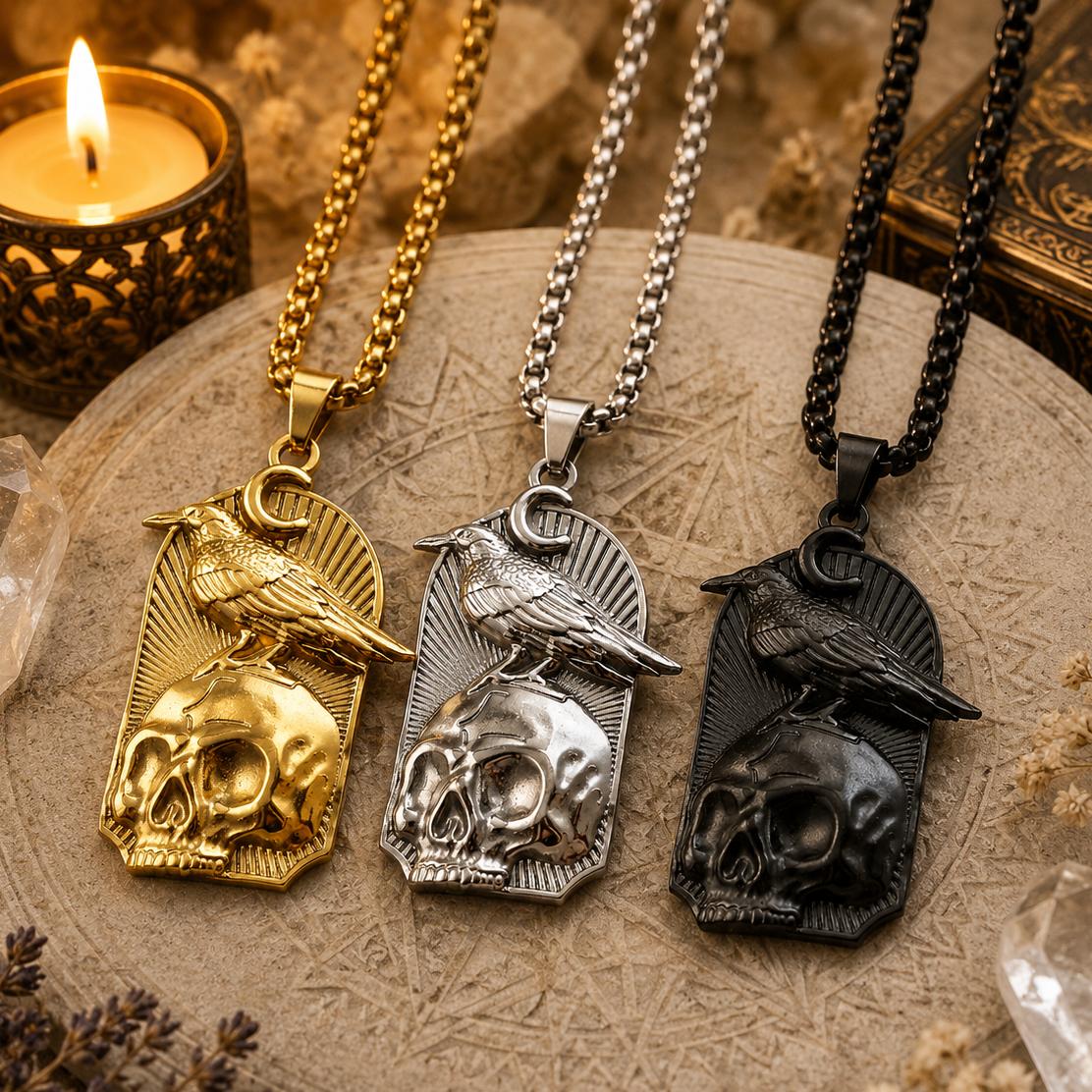 Gothic Raven Skull Crescent Moon Pendant Necklace Witchy Jewelry-MoonChildWorld