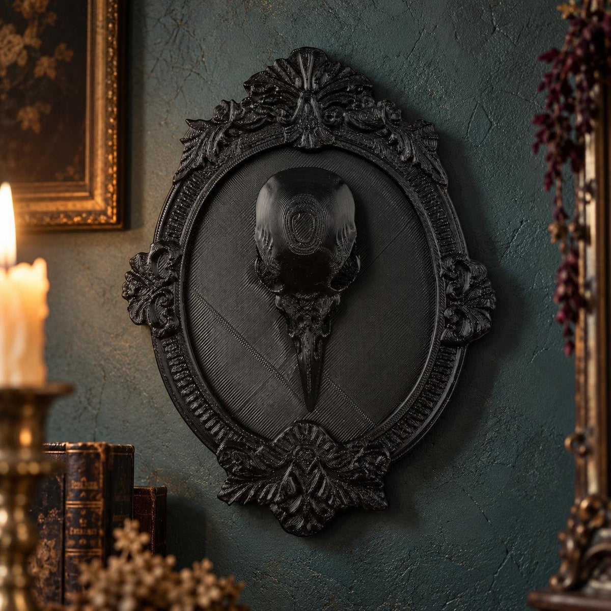 Dark plaque measurement diagram: Gothic Raven Skull Wall Plaque, featuring a raven skull relief surrounded by an elaborate oval frame.