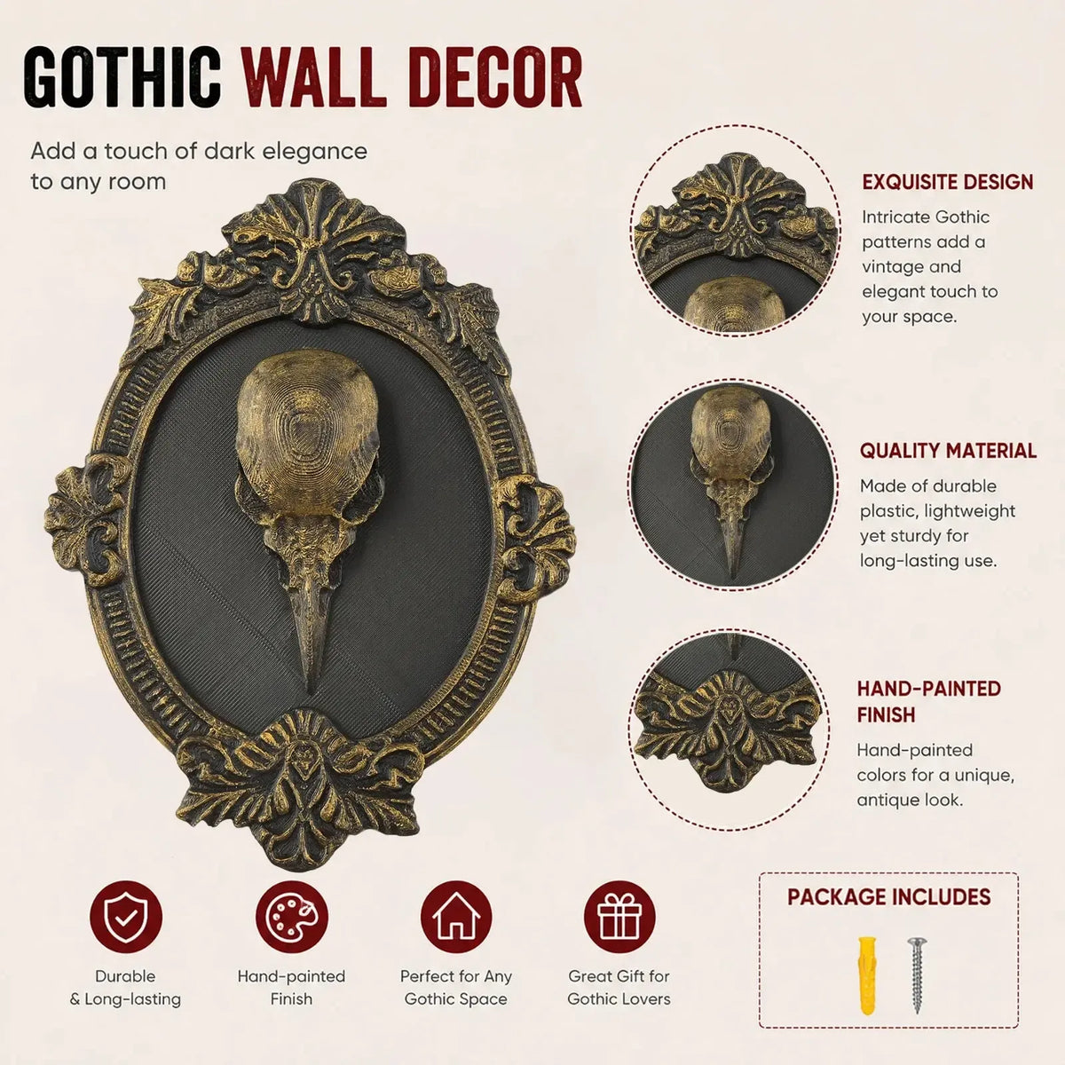 Wall plaque feature graphic: Gothic Raven Skull Wall Plaque, featuring a raven skull relief surrounded by an elaborate oval frame.