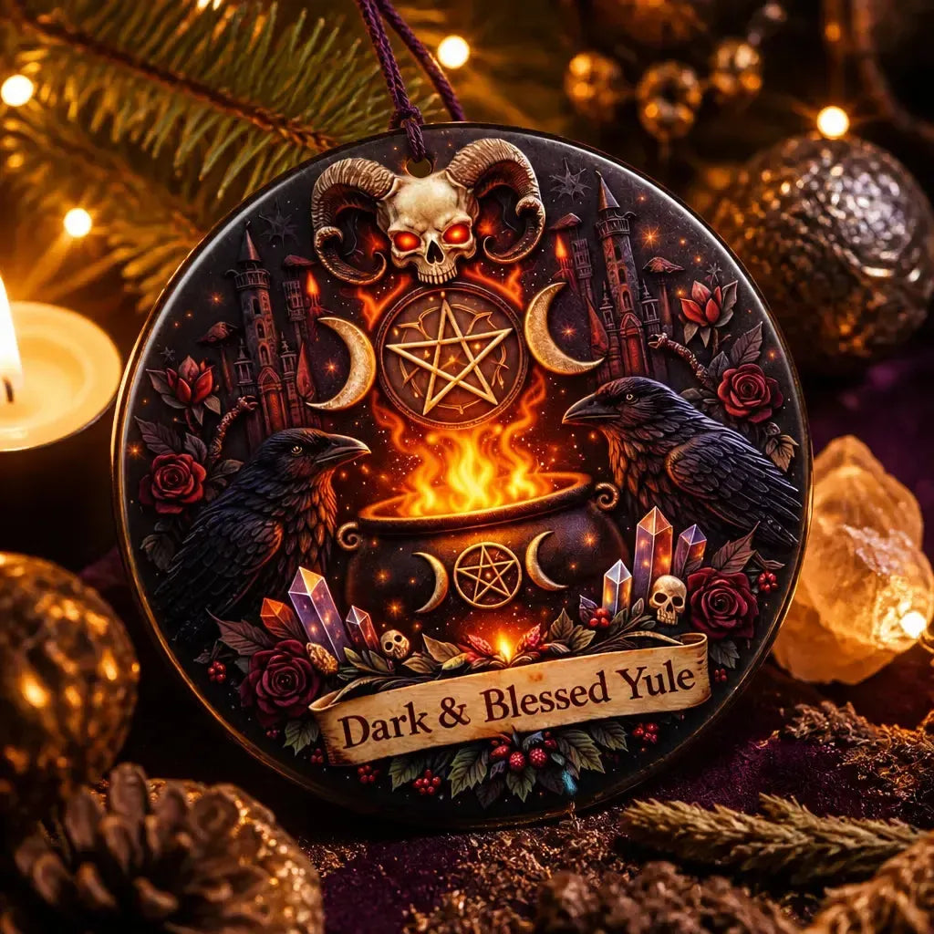 Gothic Raven & Skull Yule Ceramic Ornament – Dark Christmas Tree Decoration_mockup_2.webp