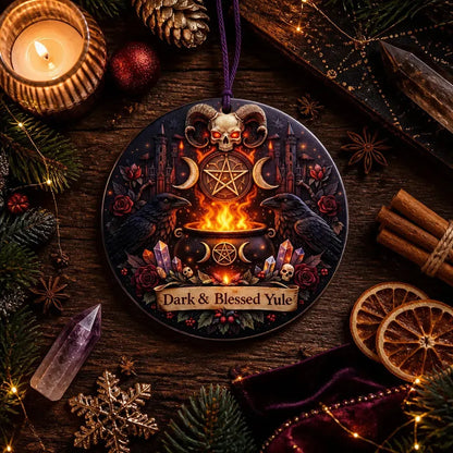 Gothic Raven & Skull Yule Ceramic Ornament – Dark Christmas Tree Decoration_mockup_3.webp