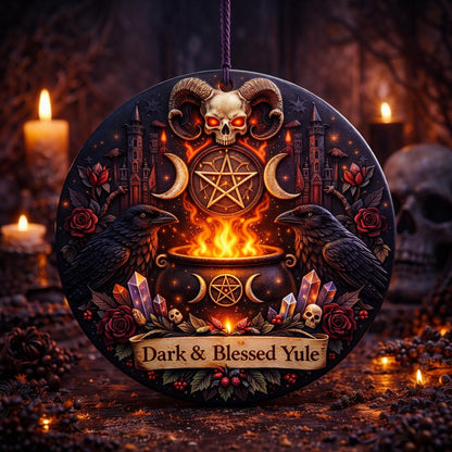 Dark ceramic Yule ornament with ram skull, pentacle, crescent moons, ravens, cauldron, and roses.