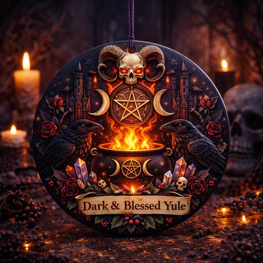 Gothic Raven & Skull Yule Ceramic Ornament – Dark Christmas Tree Decoration-MoonChildWorld