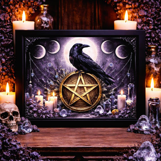 Black framed Gothic Raven wall art with moon phases, pentagram, and purple accents.