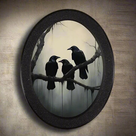 Gothic Raven Wooden Oval Frame - Dark Crows Oval Wall Art - Witch Halloween Wall Decoration-MoonChildWorld