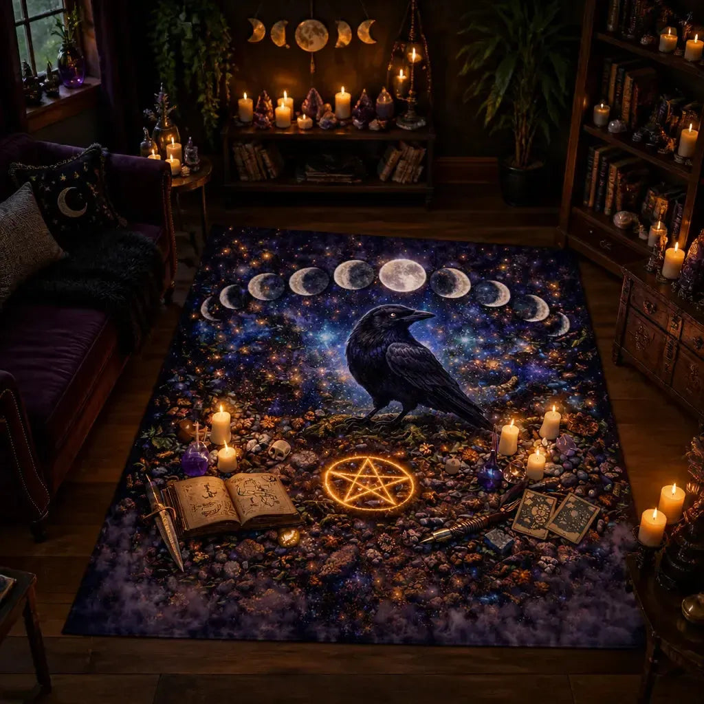 Gothic Raven and Moon Phase Area Rug – Dark Pagan Witch Carpet for Spooky Decor_mockup_1.webp
